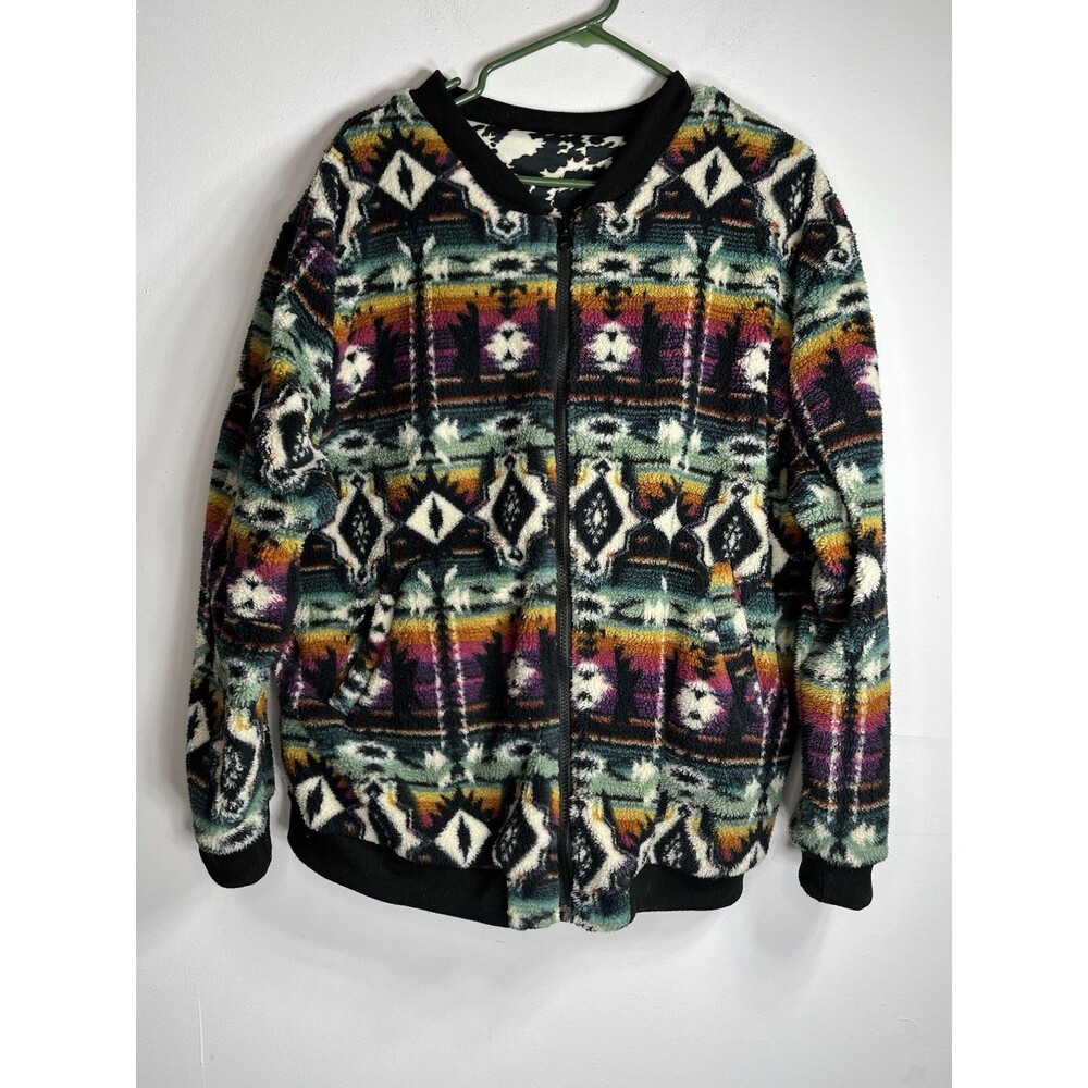 Crazy Train Reversible Sherpa South Western Tribal Rare Jacket Cow Inside Xl
